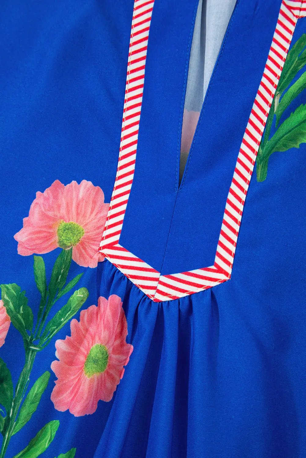 Blue Floral Short Sleeve Split Neck Loose Mini Dress - Love Salve